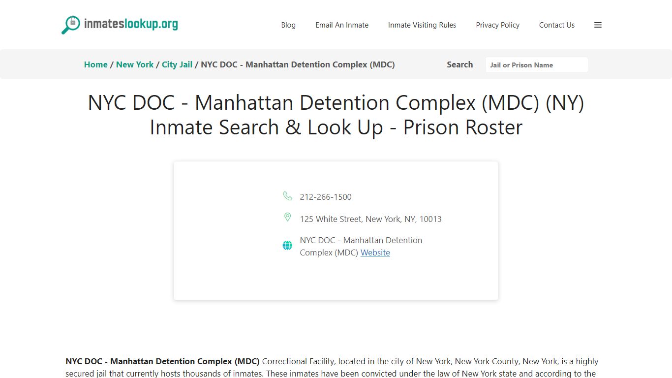 NYC DOC - Manhattan Detention Complex (MDC) (NY) Inmate Search & Look ...